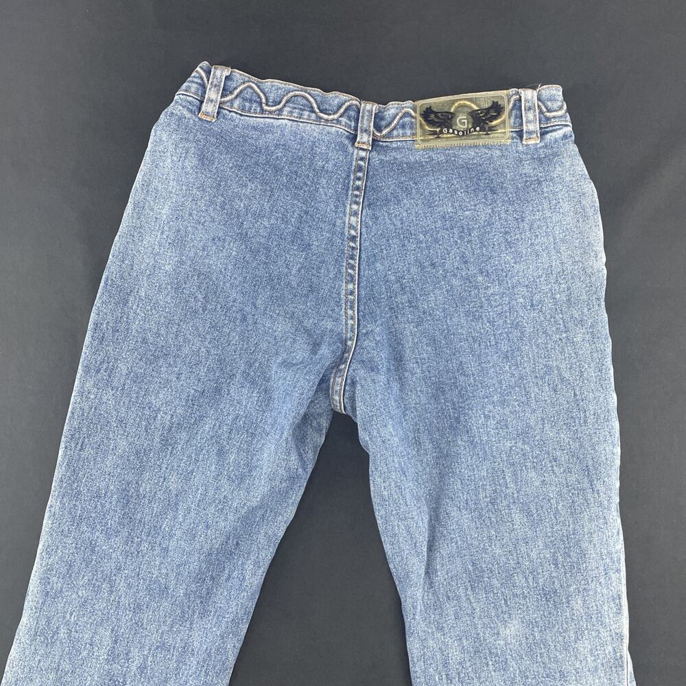 Y2K Vtg Gasoline Brand Womens 3 Flare Boot Leg Denim Jeans Swirl Stitch Festival - Picture 4 of 8